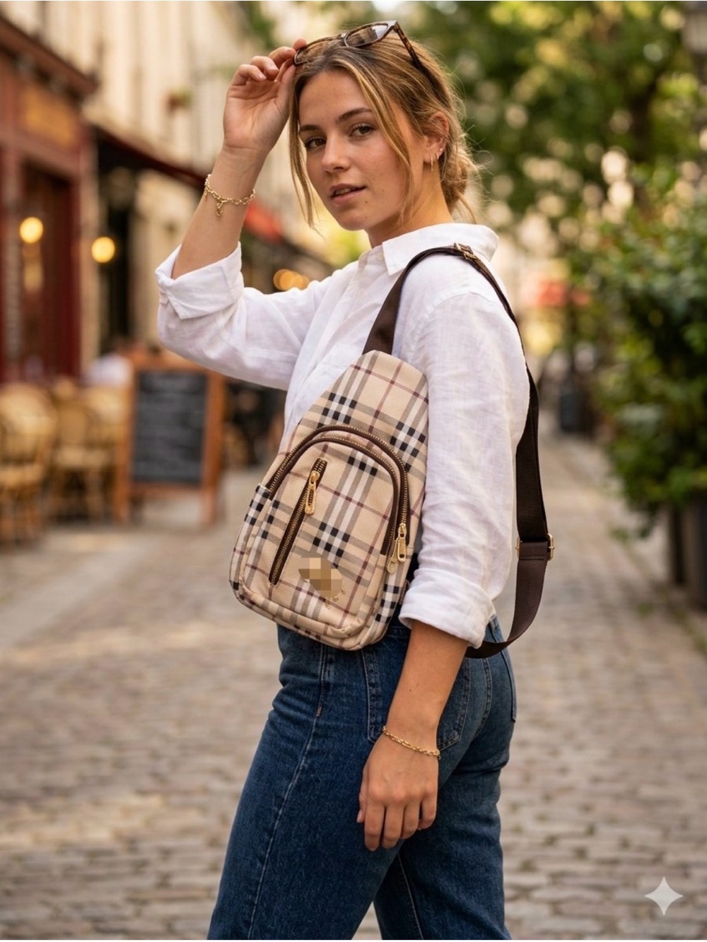 Beige Plaid Crossbody Sling Bag with Dark Strap
